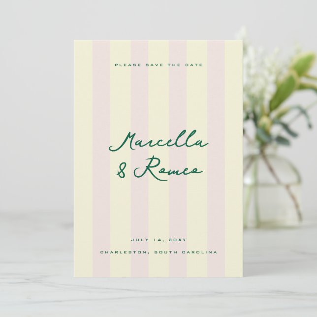 Pink Yellow Vertical Stripes Modern Save the Date Einladung (Stehend Vorderseite)