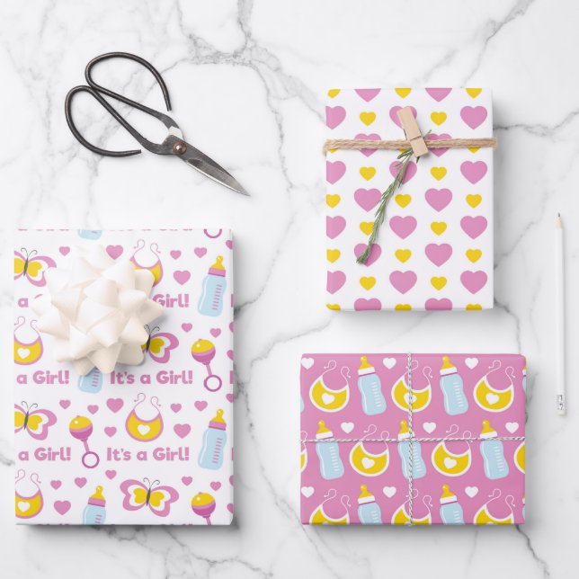 PINK YELLOW WHITE NIEDLICH BABY GIRL ITEMS GESCHENKPAPIER SET (Vorderseite)