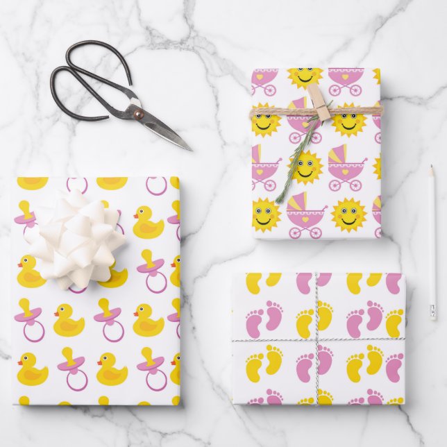 PINK YELLOW WHITE NIEDLICH BABY GIRL ITEMS GESCHENKPAPIER SET (Vorderseite)