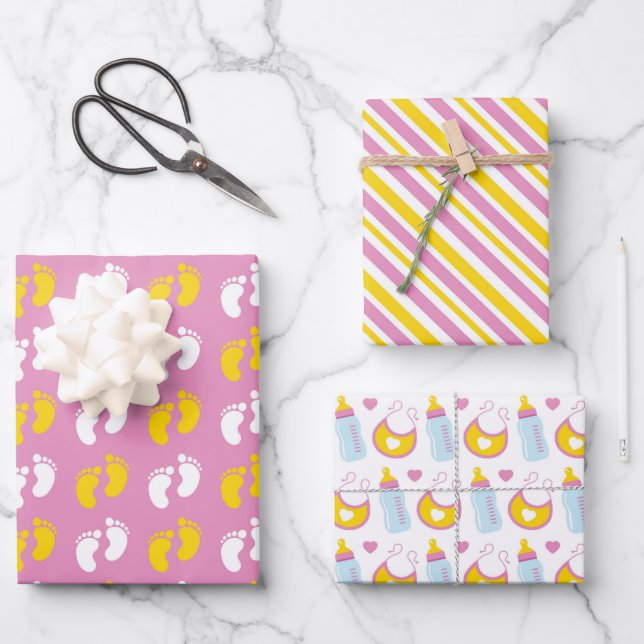 PINK YELLOW WHITE NIEDLICH BABY GIRL ITEMS GESCHENKPAPIER SET (Vorderseite)