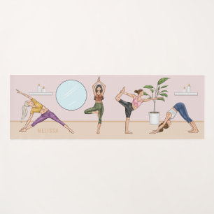Pink Yoga Studio Frauen in verschiedenen Posen und Yogamatte