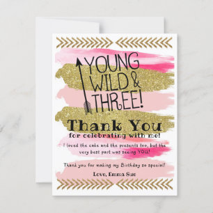 Pink Young Wild & Three Birthday Dankeschön Karte