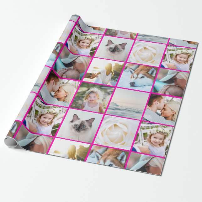 Pink Your Photo Custom Grid Collage Geschenkpapier (Ungerollt)