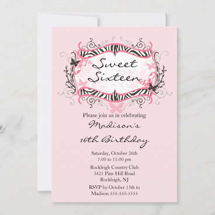 Pink Zebra 16 . Geburtstag Einladung zum Geburtsta Zazzle.ch