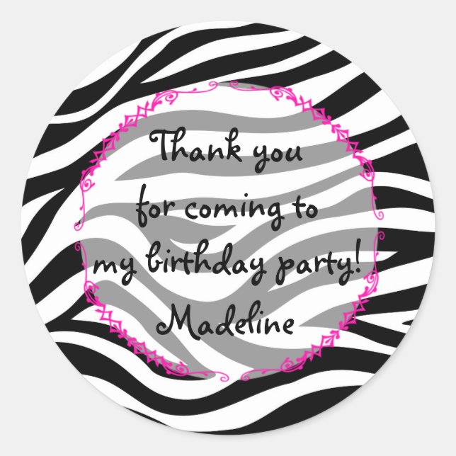 Pink Zebra Birthday Party Gefallen Runder Aufkleber (Vorderseite)