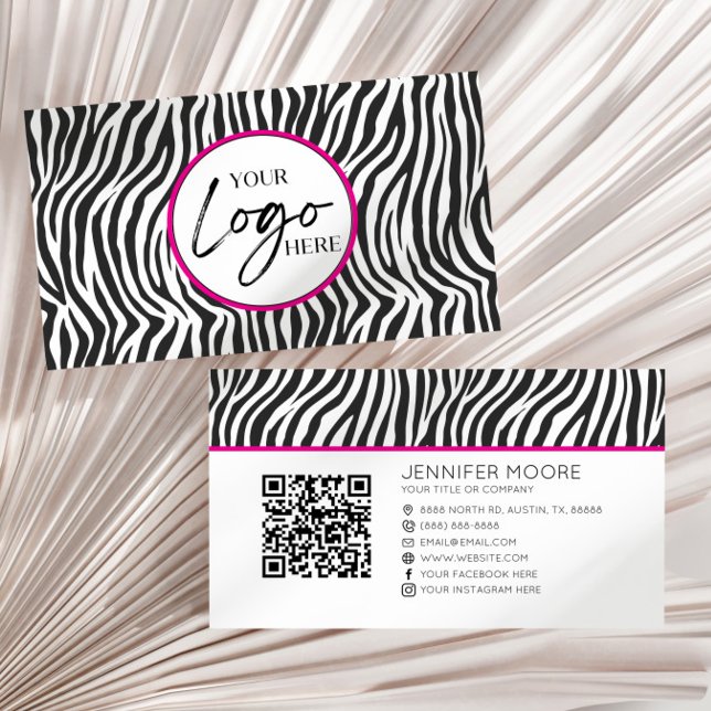 Pink Zebra Print Custom Company Logo QR Code Visitenkarte (Von Creator hochgeladen)