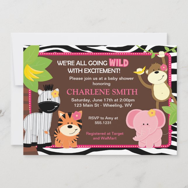 Pink Zebra Print Jungle Baby Dusche Einladungen (Vorderseite)
