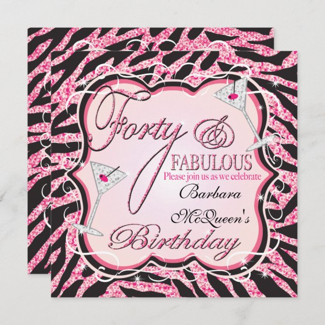 Pink Zebra Sequin 40e anniversaire Invitations de  (Devant / Derrière)