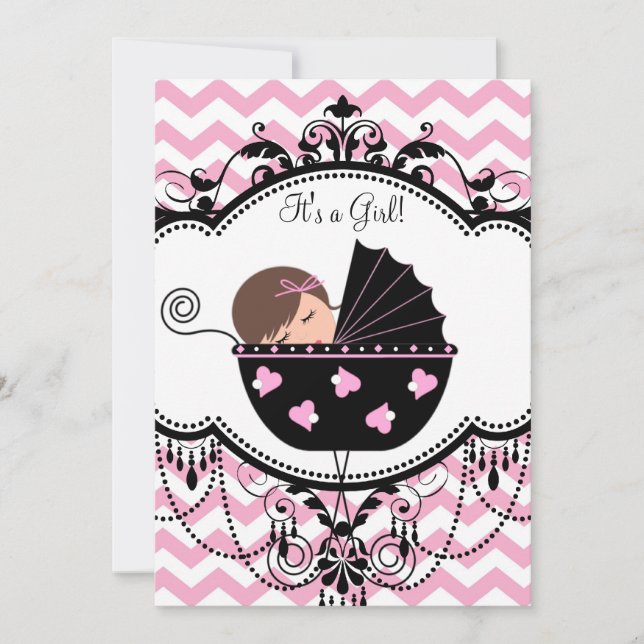 Pink Zickzack Baby Girl Dusche Einladung (Vorderseite)