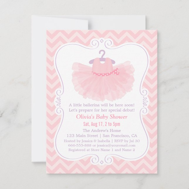 Pink Zickzack Ballerina Tutu Girl Babydusche Einladung (Vorderseite)