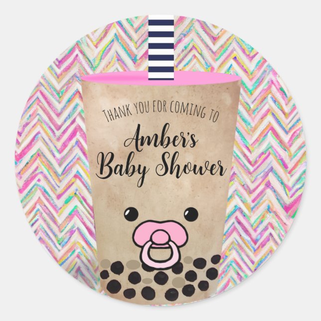 Pink Zickzack Boba Tea Baby Dusche Danke Runder Aufkleber (Vorderseite)