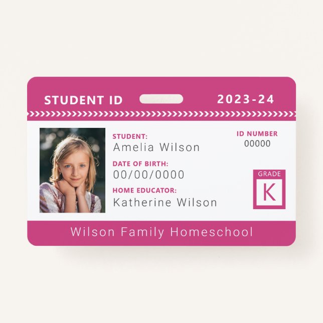 Pink Zickzack Homeschool Student ID Abzeichen Ausweis (Vorderseite)