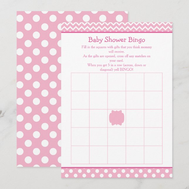 Pink Zickzack und Polka Dot Baby Dusche Bingo Einladung (Vorne/Hinten)