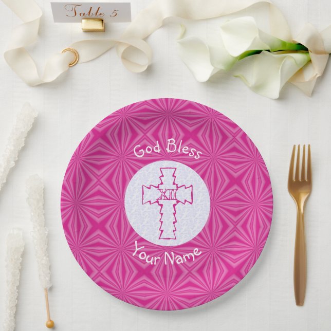 Pink Zig Zag Christliches Kreuz Pappteller (Hochzeit)