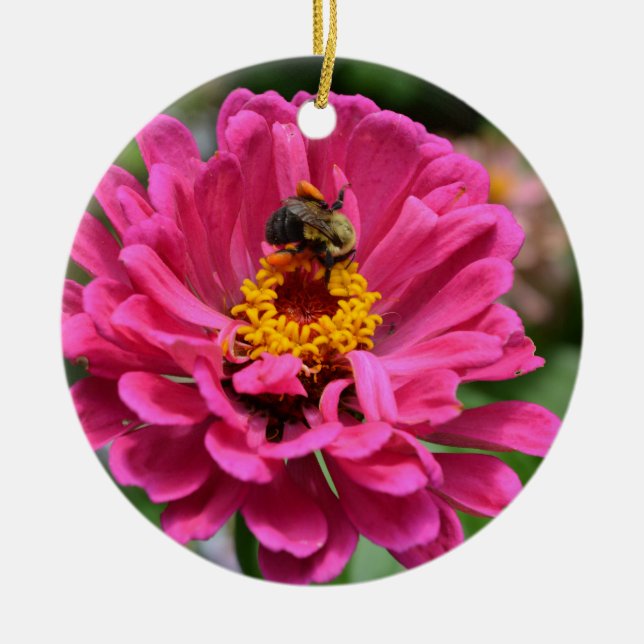 Pink Zinnia and Bumble bee Keramik Ornament (Vorne)