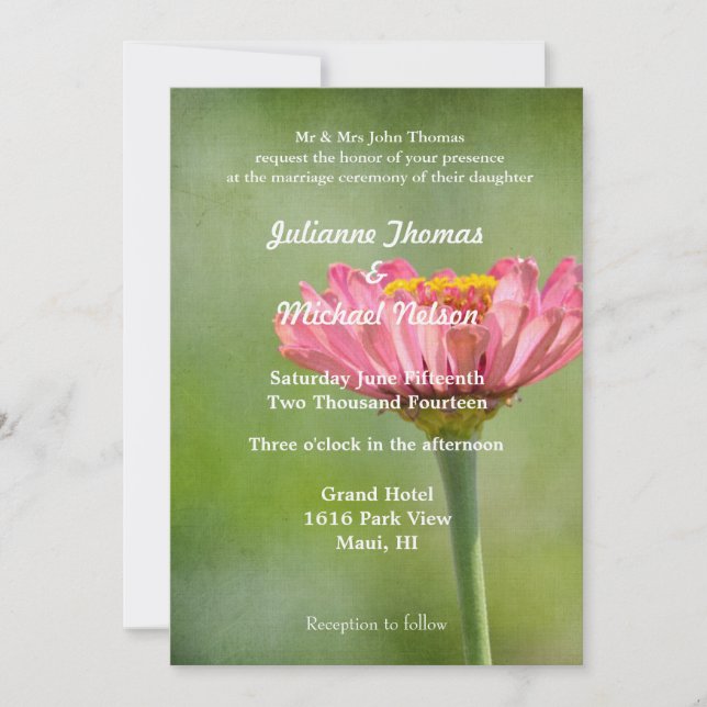 Pink Zinnia Blume Wedding Einladung (Vorderseite)