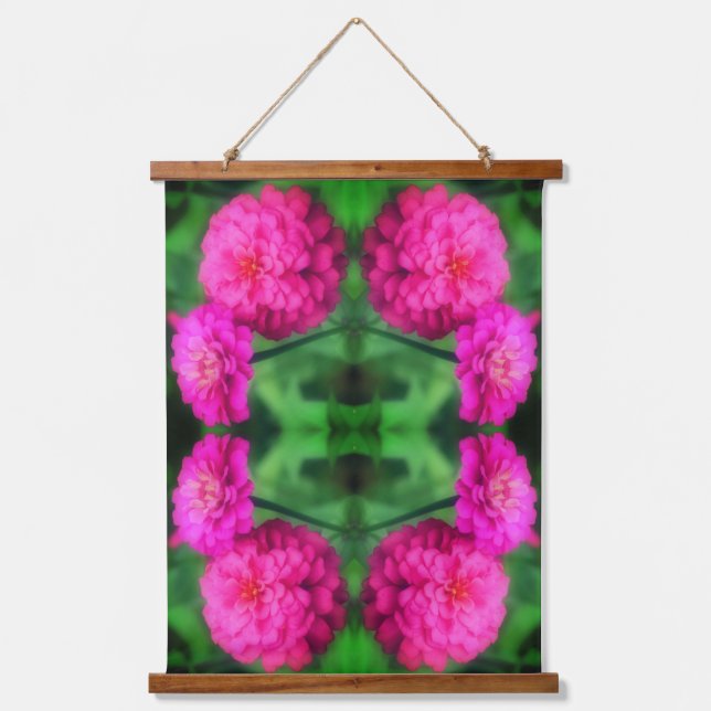 Pink Zinnia Flower Pair Abstract Pattern  Wandteppich Mit Holzrahmen (Vorderseite)