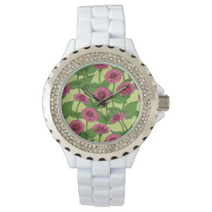 Pink Zinnias auf hellgrün Armbanduhr