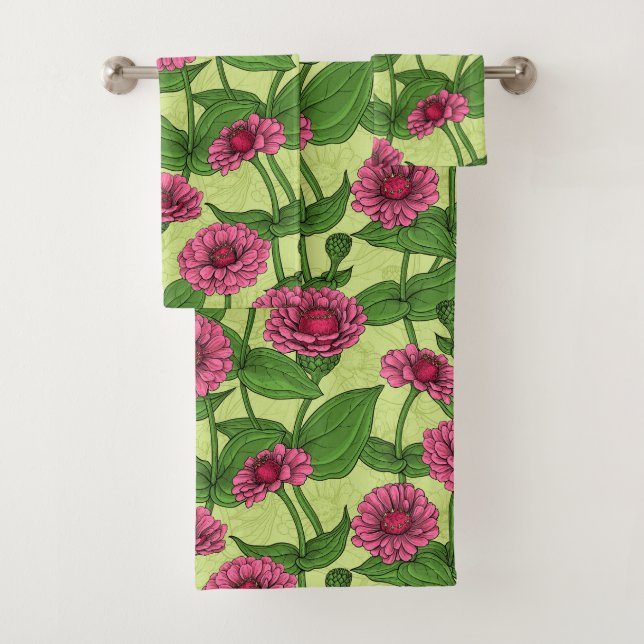 Pink Zinnias auf hellgrün Badhandtuch Set (Insitu)