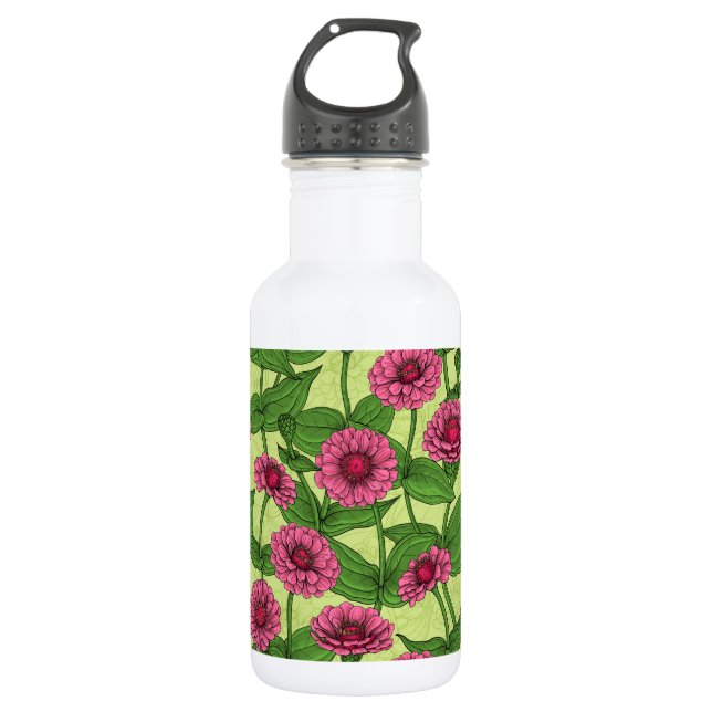Pink Zinnias auf hellgrün Edelstahlflasche (Vorderseite)