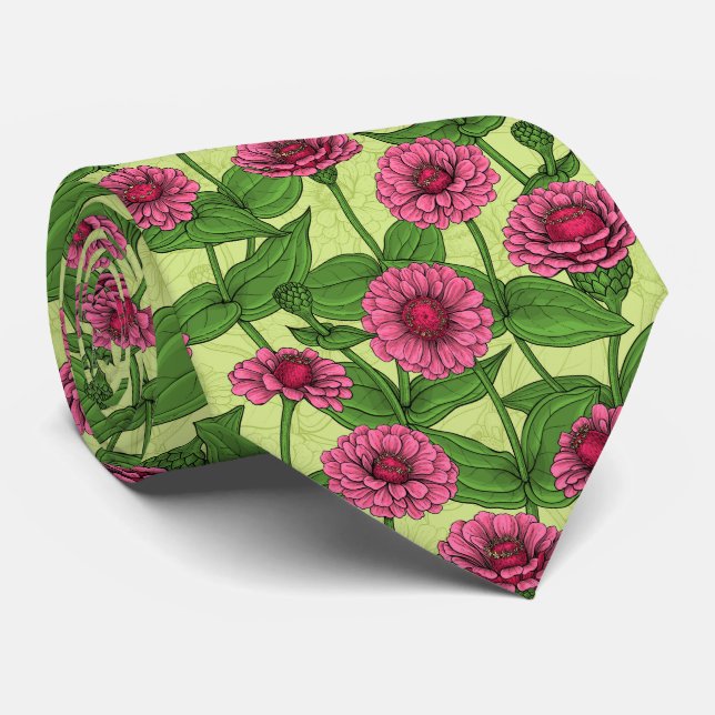 Pink Zinnias auf hellgrün Krawatte (Gerollt)