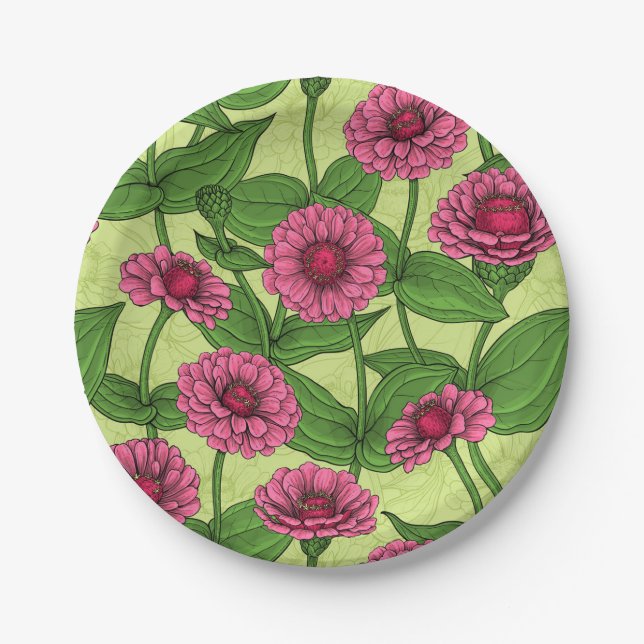 Pink Zinnias auf hellgrün Pappteller (Vorderseite)