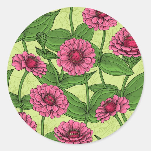 Pink Zinnias auf hellgrün Runder Aufkleber (Vorderseite)