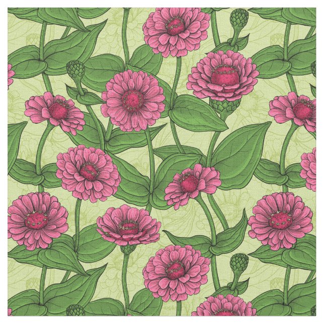 Pink Zinnias auf hellgrün Stoff (Nahaufnahme)