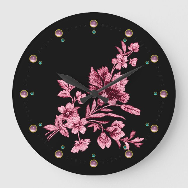 PINKARNATIONALE BLUME BOUQUET, BLACK floral Große Wanduhr (Vorderseite)