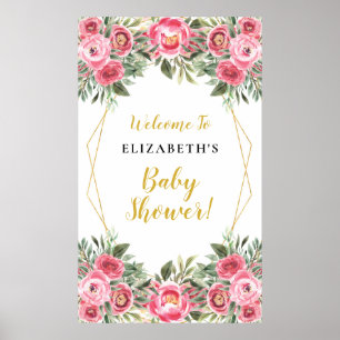 Pinke Blume Geometrisches Frame Baby Duschzeichen Poster