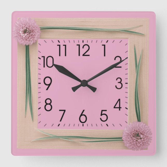 Pinke Blumen Quadratische Wanduhr (Vorderseite)