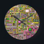 Pinke und gelbe geometrische Formen Pop Art Punk Runde Wanduhr<br><div class="desc">Von einer originellen handgezeichneten Konstruktion von Nola Edsall aus quadratischen und rechteckigen geometrischen Doodle-Formen mit verschiedenen geschäftigen Mustern. Dieses atemberaubende, künstlerische Design ist aufwändig und detailliert und verwendet die hellen Pop-Kunstpunk-Farben Rosa, Gelb, Kalkgrün und Schwarz. Perfekt, um Ihrem Leben einen farbigen Pop hinzuzufügen.</div>