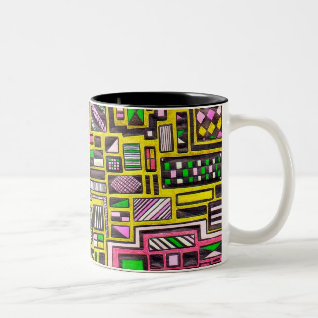 Pinke und gelbe geometrische Formen Pop Art Punk Zweifarbige Tasse (Rechts)