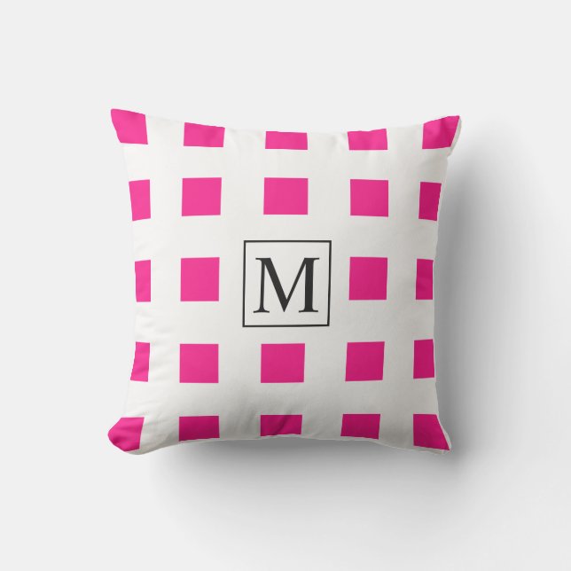 Pinke weiße Quadrate Geometrische Muster Monogramm Kissen (Vorderseite)