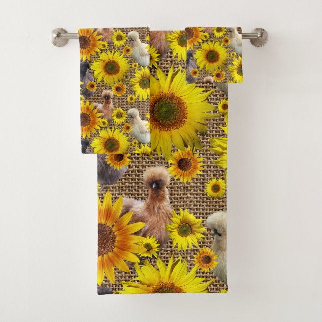Pinkende Seiden mit Sonnenblumen auf Burlap Badhandtuch Set (Insitu)