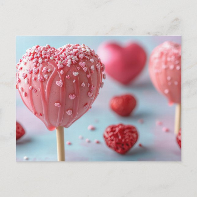 Pinker Cake Pop in Herzform Valentinstag Postkarte (Vorderseite)