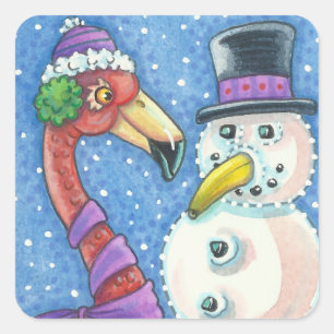 PINKER FLAMINGO SCHNEEMANN WEIHNACHTSAUFKLEBER Qua Quadratischer Aufkleber