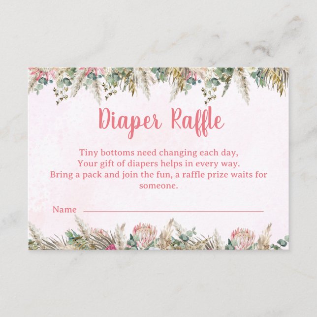 Pinkes Boho-Pampasgras-Windel-Raffle-Ticket Begleitkarte (Vorderseite)