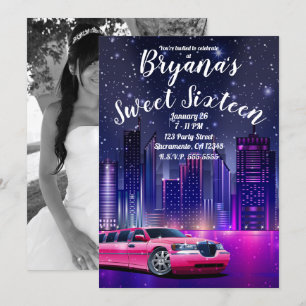 Pinkes Limo Limousine Stadt Sweet 16 Geburtstagsfo Einladung