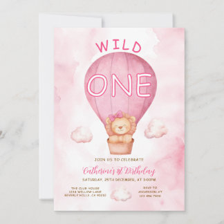 Pinkes Löwenmädchen Wild One Heißluftballon Geburt Einladung