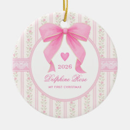 Pinkes Schleifen-Baby 1. Weihnachten Coquette Flor Keramik Ornament