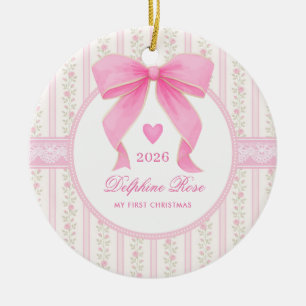 Pinkes Schleifen-Baby 1. Weihnachten Coquette Flor Keramik Ornament