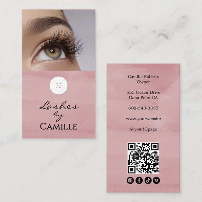Pinkes Schrift-Logo QR-Code Foto Wimpern  Visitenkarte (Vorne/Hinten)