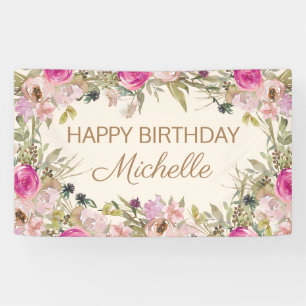 Pinkes Wasserfarben-Blumen-Happy-Birthday Banner