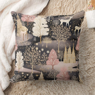 Pinkes Winterhirsch-Fantasieschloss-Landschaftsbil Kissen