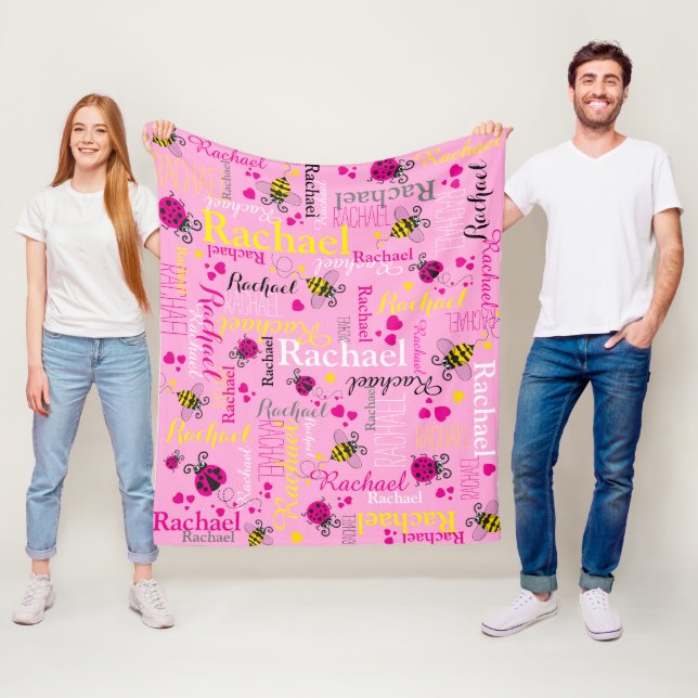 Pinkfarbene Bienen und Herzmädchen individuelle Na Fleecedecke (Beispiel)