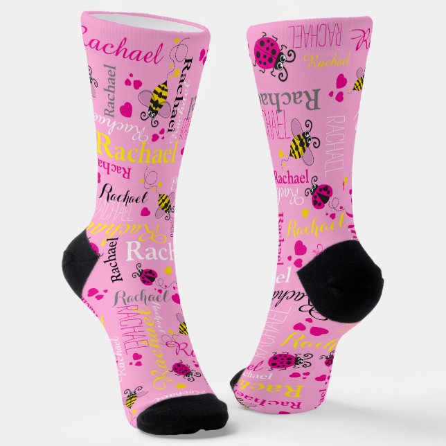 Pinkfarbene Bienen und Herzmädchen individuelle Na Socken (Gewinkelt)