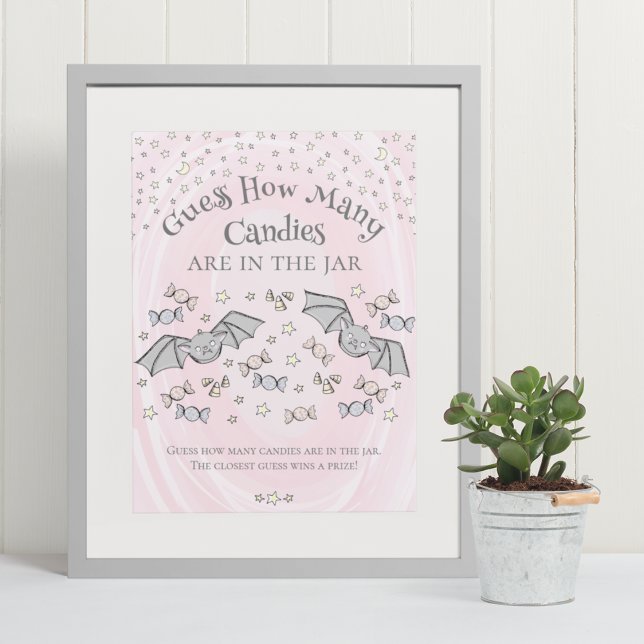 Pinkfarbene Fledermäuse raten wie viele Candies Ba Poster (Cute & Whimsical Fall Baby Shower Game Poster. Frame Not Included. Hand-Drawn Baby Bats Drawing.)