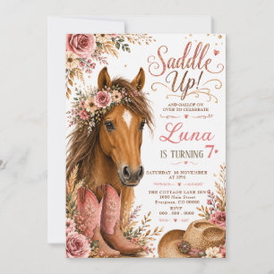 Pinkfarbene Florale Pferd-Cowgirl-Geburtstagsfeier Einladung