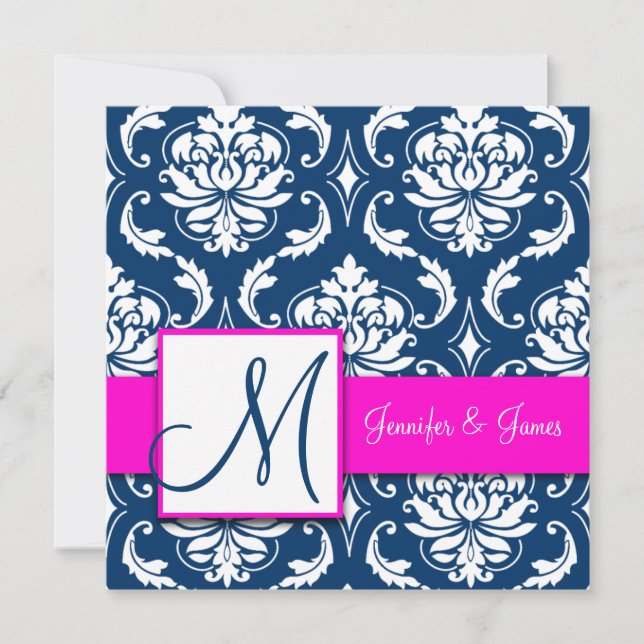 Pinkfarbene Marine-Blau-Damast-Monogramm-Einladung Einladung (Vorderseite)